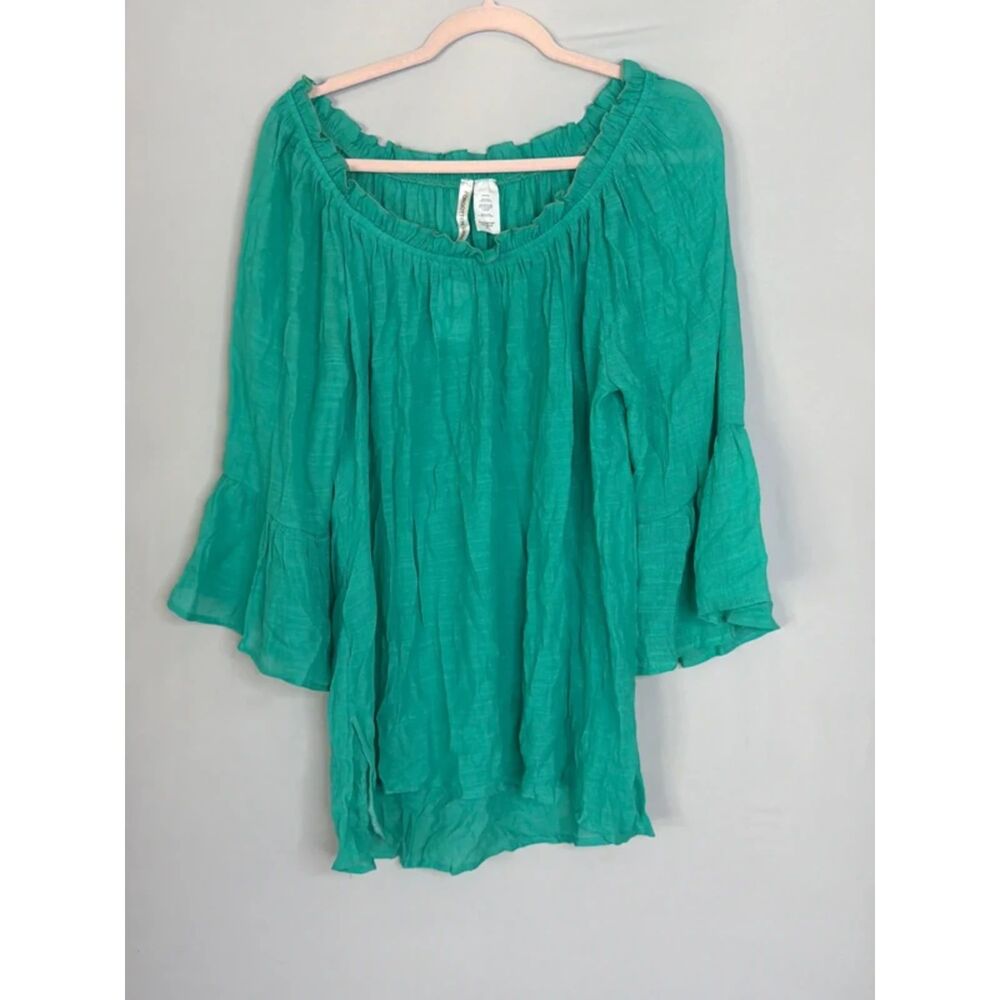 Forgotten Grace turquoise off-shoulder tunic top, bell sleeves, size XL